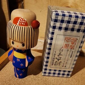 Traditional Japanese Kokeshi Doll - Blue Kimono